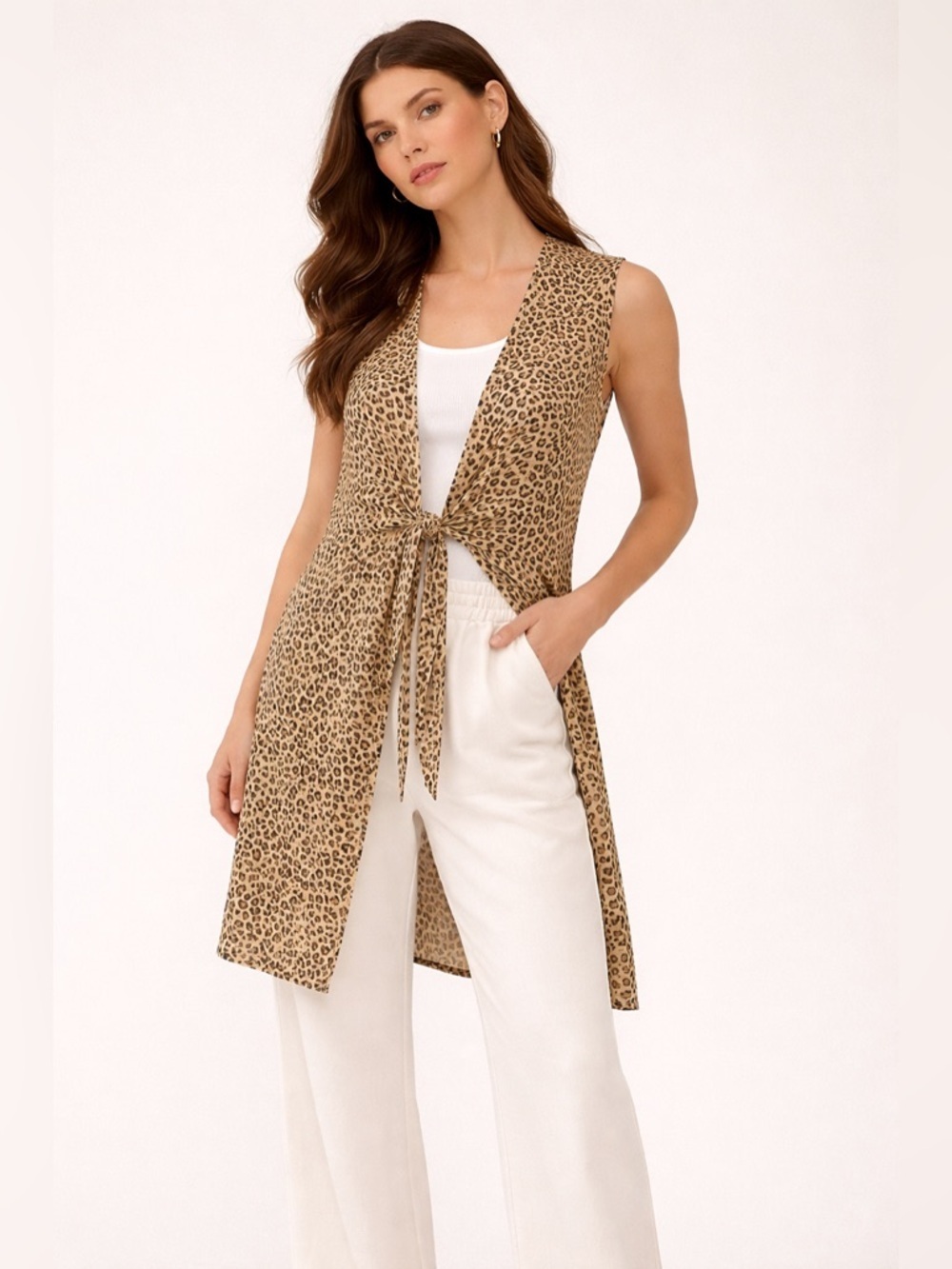 Juanaloca Leopard Print Tie Front Sleeveless Duster Vest ~M